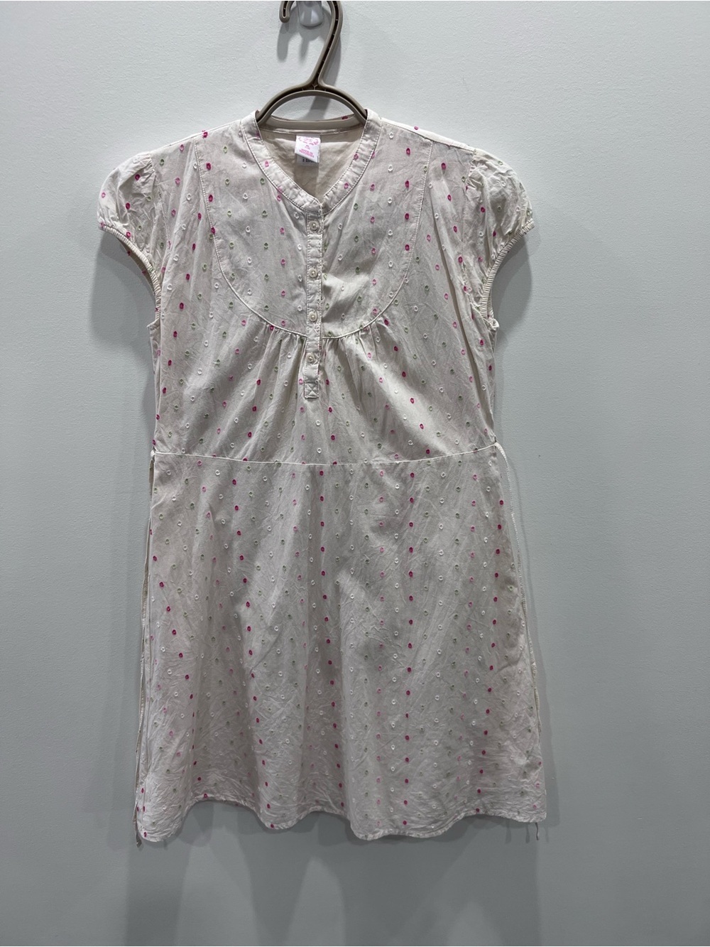 Vintage 2007 Gap Kids Eyelet Dress XL 12 White Pink Green Polka Dot Cottagecore